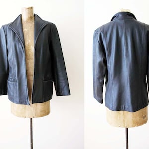 Vintage 2000s Black Leather Blazer Jacket XS S -  Tall Neck Zip Up Boxy Leather Jacket - Y2K Cyber Goth Minimalist Aesthetic Style