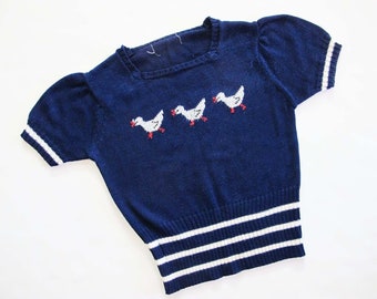 Chemisier en tricot canard vintage des années 70 XS S - chemise à manches bouffantes en tricot bleu marine motif oiseau des années 1970 - Style mignon kawaii