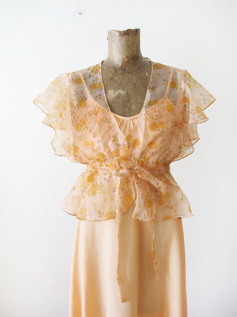 70s Long Flowy Dress Sheer Bolero Jacket Peach Pastel Disco Dress Vintage 70s Maxi Dress 70s Prom Dress Spaghetti Strap Maxi