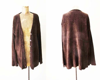 2000s Brown Chenille Cardigan S - Vintage Y2K Earthy Knit  Womens Cardigan Sweater - Soft Fuzzy