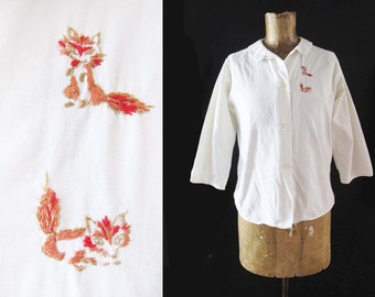 Vintage 50s Fox Embroidered Blouse S - 1950s White Collared Button Up Blouse - Rockabilly Style