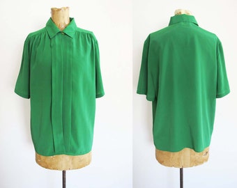 Vintage 80s Emerald Green Short Sleeve Shirt M L - Collared Button Up Camp Shirt - Solid Color