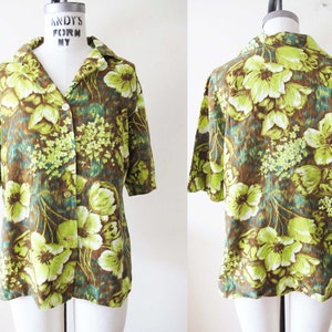 1960s Brown Acid Green Floral Print Vacation Tiki Button Up blouse - Vintage 60s Tropical Womens Hawaiian Shirt M L  -