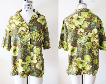 Vintage 60s Tropical Womens Hawaiian Shirt M L  - 1960s Brown Acid Green Floral Print Vacation Tiki Button Up blouse