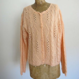 Vintage Baggy Cable Knit Cardigan Sweater M Oversized Open Weave Pointelle Mohair Pullover Peach Pink Pastel Knitted Grunge Fairy Kei image 5