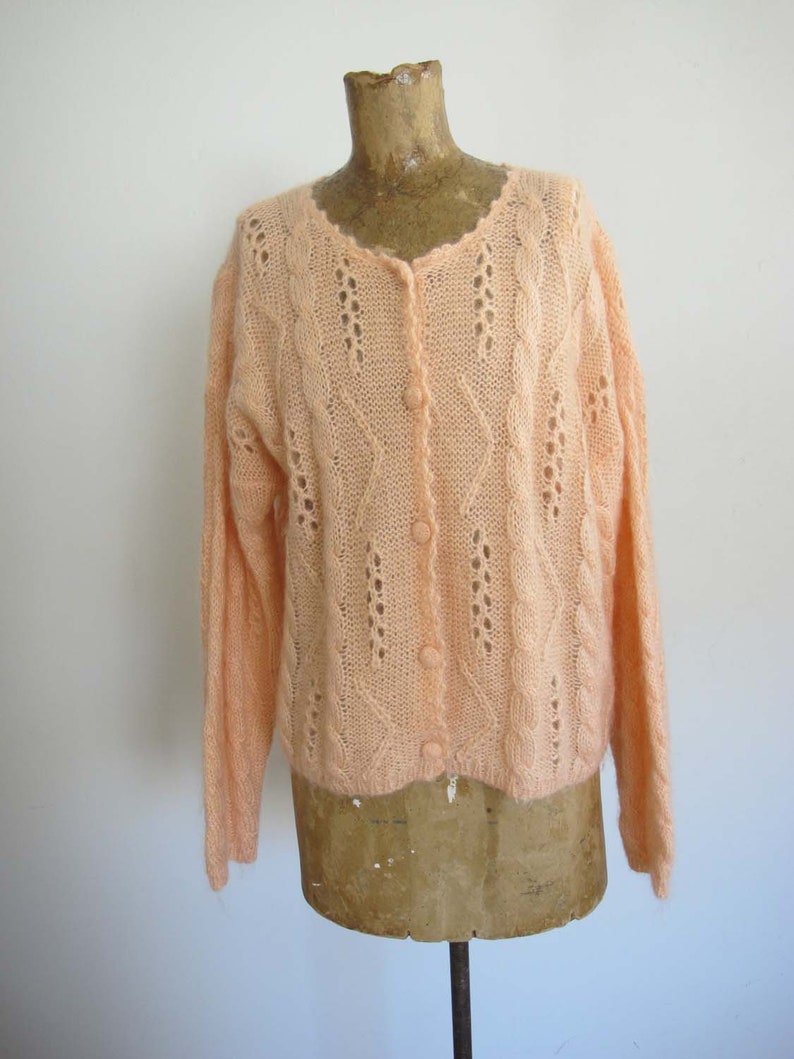 Vintage Baggy Cable Knit Cardigan Sweater M Oversized Open Weave Pointelle Mohair Pullover Peach Pink Pastel Knitted Grunge Fairy Kei image 5