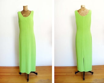 Vintage 2000s Bright Neon Green Slinky Knit Maxi Dress M L - Y2K Scoop Neck Sleeveless Nylon Stretchy Long Dress