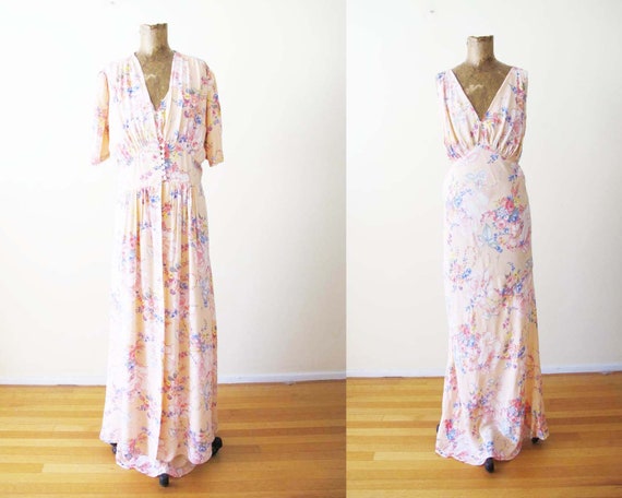 Vintage 1930s Pink Floral Rayon Peignoir Set M - 3