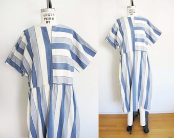 Vintage 80s Blue White Stripe Cotton Minimalist Dress M - 1980s Wide Sleeve Simple Midi Sundress