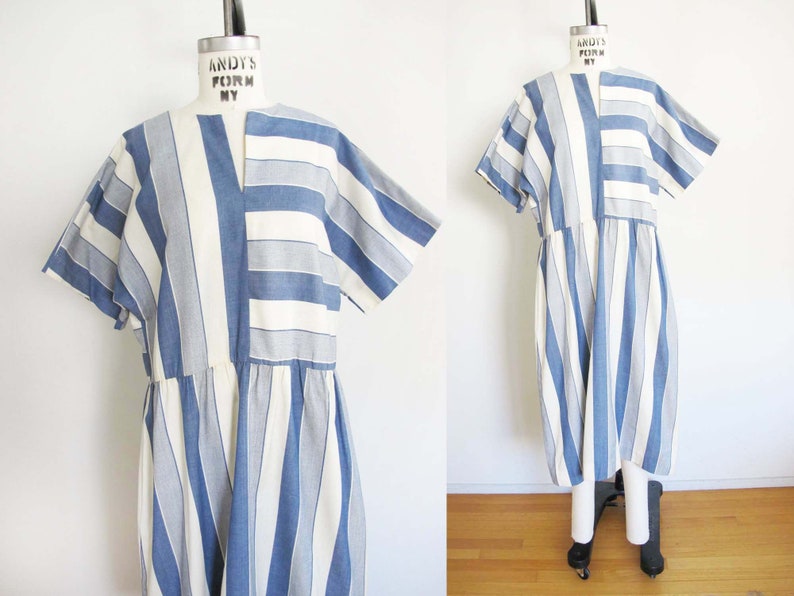 Vintage 80s Blue White Stripe Cotton Minimalist Dress M 1980s Wide Sleeve Simple Midi Sundress image 1