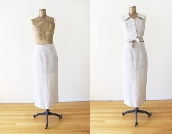 90s Linen Co Ord Set S/M - Beige Linen Dress - 90s