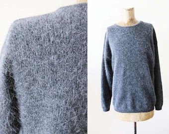 Vintage 90s Gray Angora Blend Sweater S M - 1990s Grunge Fuzzy Simple Minimalist Charcoal Pullover Slouchy Top