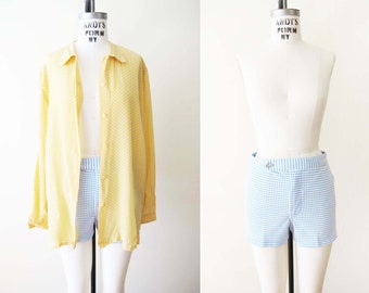 Vintage 60s Blue Gingham Plaid Shorts Small - 1960s Montgomery Ward High Waist Polyester Swim Shorts