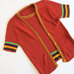 Vintage 70s Cardigan Twin Set Top Small - 1970s Red Brown Striped Short Sleeve Sweater Set Ribbed