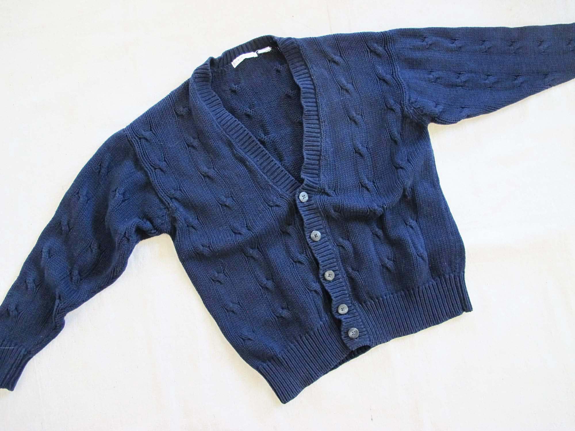 Vintage 90s Cable Knit Cotton Cardigan - Navy Blue Liz Claiborne S