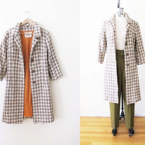 Vintage 60s Plaid Boucle Womens Coat Small - 1960s Cream Beige Orange Houndstooth Long Womens Coat Jacket - Pin Up Rockabilly Retro