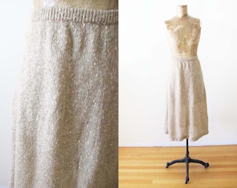 Vintage 1970s Tan Mohair Knit Midi Skirt S M - 70s Elastic Waist Neutral Knitted High Waist Flared Womens Skirt