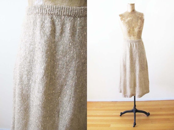 Vintage 1970s Tan Mohair Knit Midi Skirt S M - 70… - image 1