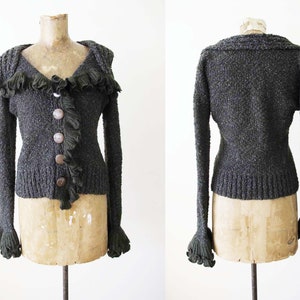 Vintage 2000s Fairy Grunge Knit Boucle Womens Cardigan XS S Y2K Crochet Ruffle Sleeve Sweater image 1