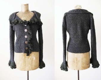 Vintage 2000s Fairy Grunge Knit Boucle Womens Cardigan XS S - Y2K Crochet Ruffle Sleeve Sweater