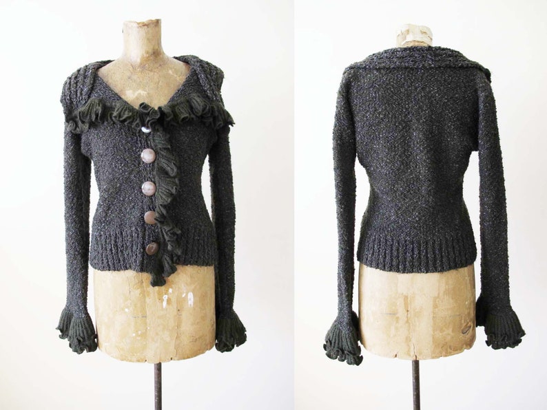 Vintage 2000s Fairy Grunge Knit Boucle Womens Cardigan XS S Y2K Crochet Ruffle Sleeve Sweater image 1