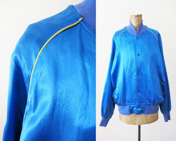 Vintage Blue Satin Jacket - 70s Satin Rayon Bomber