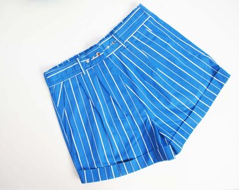 Vintage 80s Tennis Shorts M L 30 to 34 Waist - 1980s Blue White Striped Elastic Waist Athletic Sport Shorts