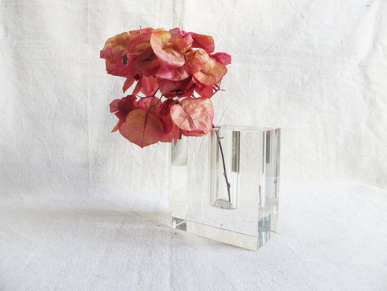 Vintage Square Lucite Glass Bud Vase Glass Plant Cutting Vase Modern Minimalist Glass Container 80s Home Decor 80s Glass Flower Vase image 1