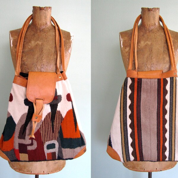 vintage woven purse/ Peruvian print woven shoulder bag/ cloth and leather oversized purse