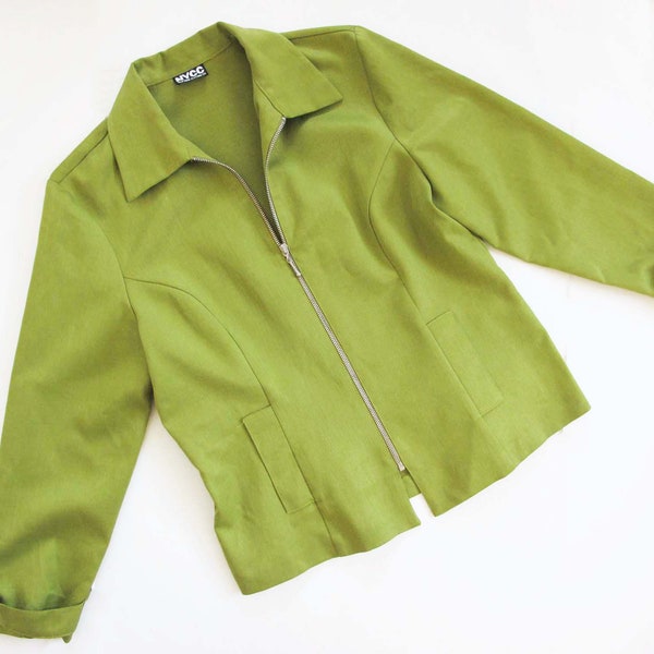Vintage 2000s Lime Green Zip Up Cafe Jacket - Y2K Womens Bright Green Collared Boxy Silver Zip Jacket