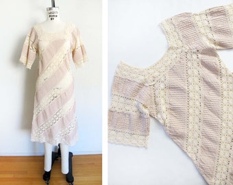 Vintage 60s Lace Dress Dress S - 1960s Pale Pink Cream Bohemian Pintuck Textured Hippie Dress - Romantic Boho Sundress