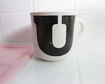 Vintage 70s U Letter Coffee Mug - Typography - U Initial Ceramic Mug - Friend Gift