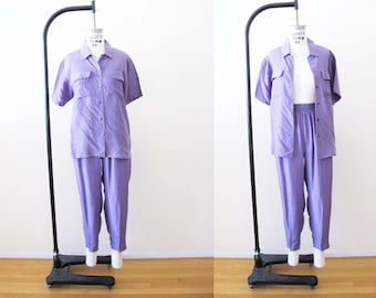 Vintage 90s Purple Silk Matching Co Ord Set Shirt Pants S - 1990s Short Sleeve Button Up Shirt Elastic Waist Casual Pants