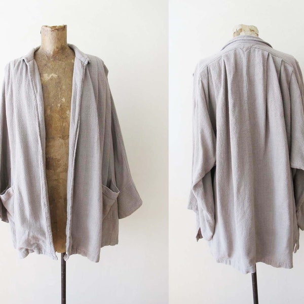 Vintage 70s Indian Cotton Drape Jacket One Size - 1970s Gray Beige Neutral Batwing Slouchy Minimalist Natural Fiber Open Front Jacket