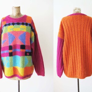 Vintage 90s Mohair Blend Colorblock Geometric Oversized Ribbed Knit Sweater M L Pink Orange Multicolor image 1