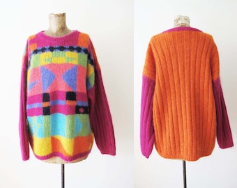 Vintage 90er Jahre Mohair Mix Colorblock Geometrischer Oversized Gerippter Strick Pullover M L - Pink Orange Mehrfarbig