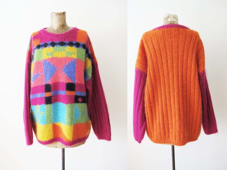 Vintage 90s Mohair Blend Colorblock Geometric Oversized Ribbed Knit Sweater M L Pink Orange Multicolor image 1