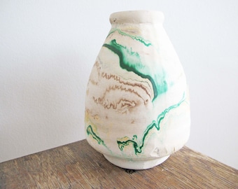 Vintage Nemadji Pottery - Marbled Swirl Bud Vase -  Green Brown  Tie Dye Tabletop Pottery - Bohemian Hippie 70s Decor