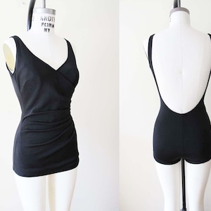 Vintage 50s Womens Black One Piece Bathing Suit S Catalina - Scoop Back Ruched Full Coverage Retro Padded Chest Swimsuit Playsuit