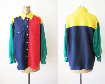 Vintage 90s Silk Color Block Shirt Small  - 1990s Liz Claiborne Primary Colors Patchwork Collared Long Sleeve Blouse