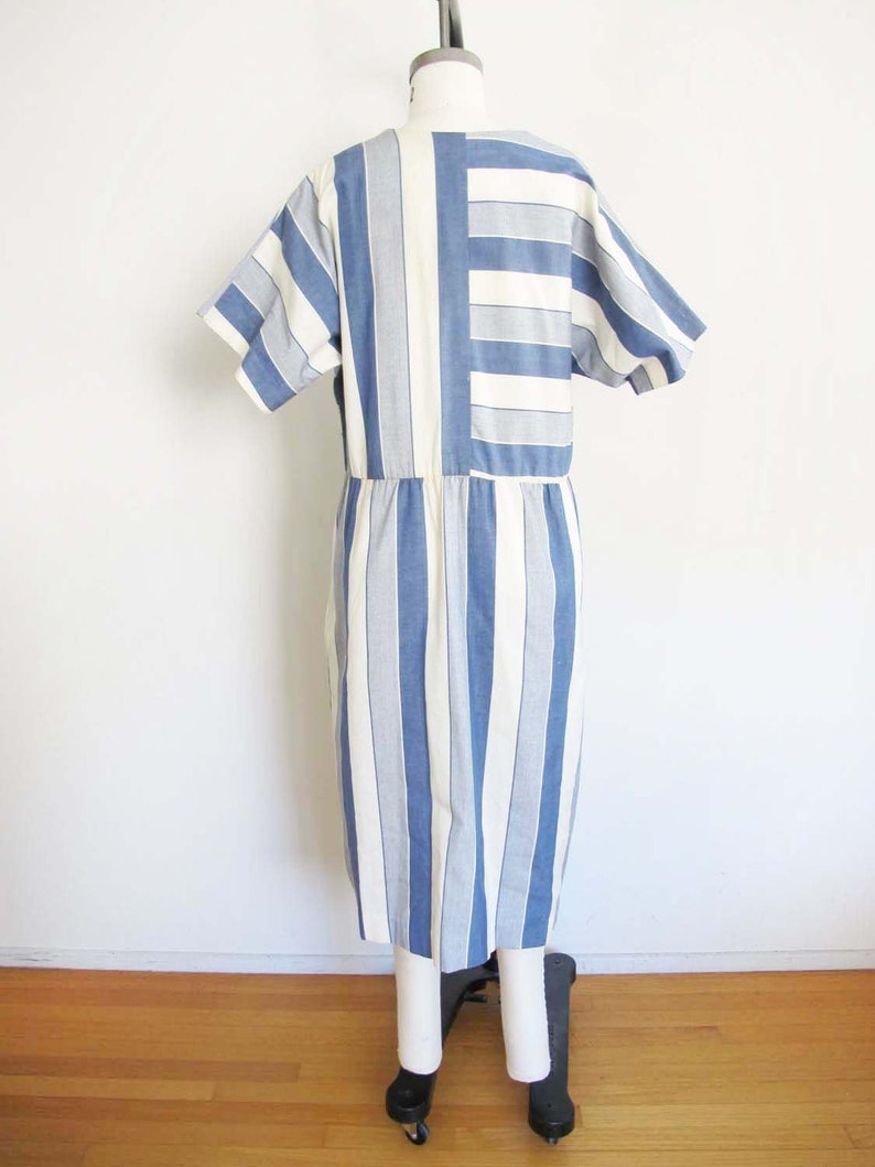 Vintage 80s Blue White Stripe Cotton Minimalist Dress M 1980s Wide Sleeve Simple Midi Sundress image 5
