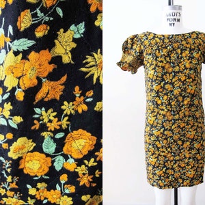 Vintage 60s Floral Babydoll Mini Dress XS 1960s Black Orange Yellow Puff Sleeve Shift Sundress Twiggy Mod Style image 1