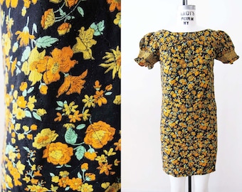 Vintage 60s Floral Babydoll Mini Dress XS  - 1960s Black Orange Yellow Puff Sleeve Shift Sundress - Twiggy Mod Style