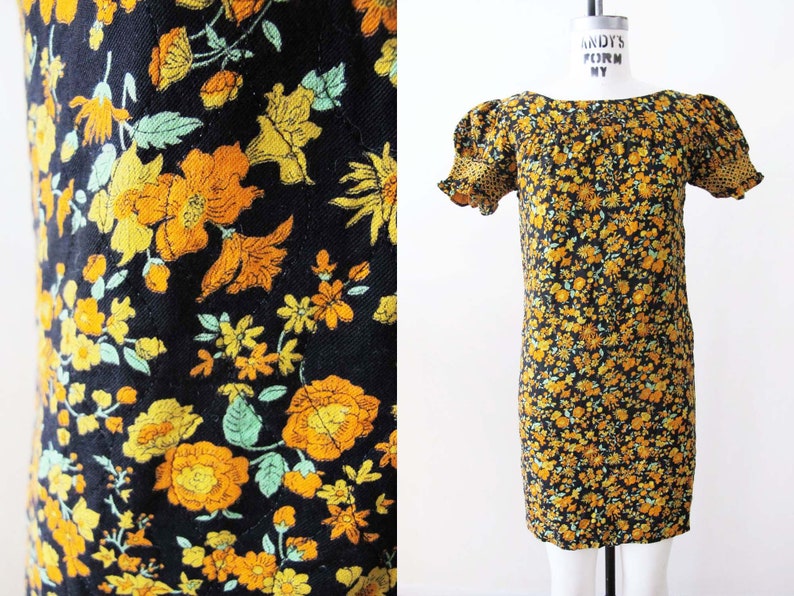 Vintage 60s Floral Babydoll Mini Dress XS 1960s Black Orange Yellow Puff Sleeve Shift Sundress Twiggy Mod Style image 1