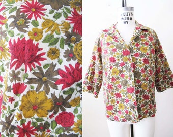 Vintage 60s Floral Womens Blouse S - 1960s Earthy Burgundy Mustard Yellow Collared Cotton Blend Shirt