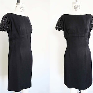 Vintage 1960s Pat Sandler Black Beaded Sheath Dress Small 1960s Empire Waist Cocktail Evening Dress Puff Short Sleeve image 1