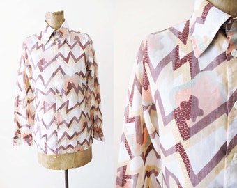 70s Patterned Chevron Button Up Small - Vintage 1970s Brown Pink Zigzag Geometric Long Sleeve Disco Shirt