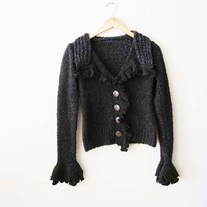 Vintage 2000s Fairy Grunge Knit Boucle Womens Cardigan XS S Y2K Crochet Ruffle Sleeve Sweater image 5