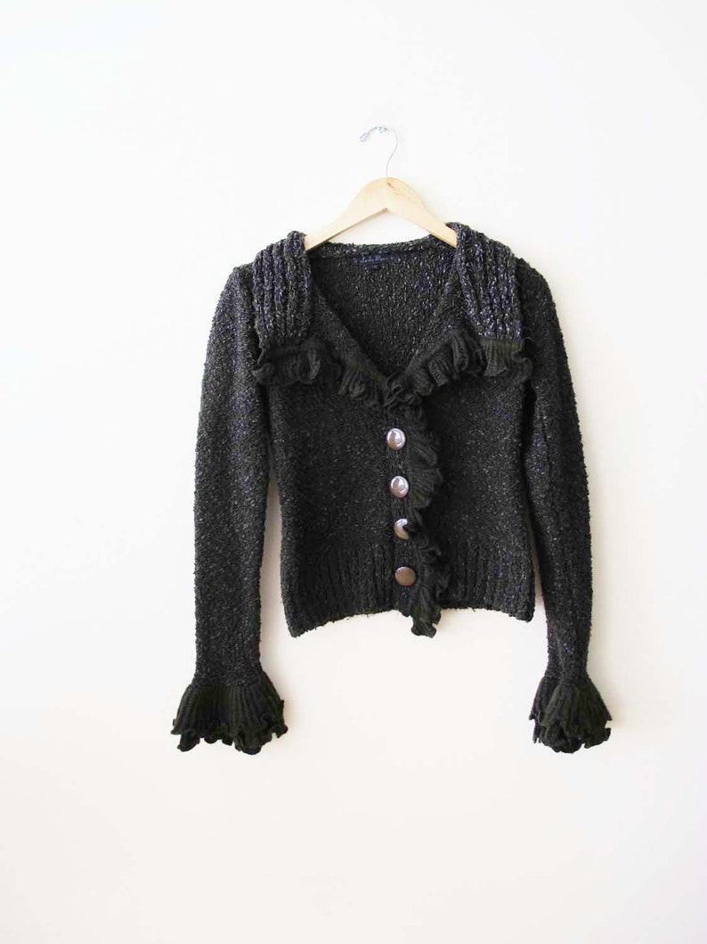 Vintage 2000s Fairy Grunge Knit Boucle Womens Cardigan XS S Y2K Crochet Ruffle Sleeve Sweater image 5