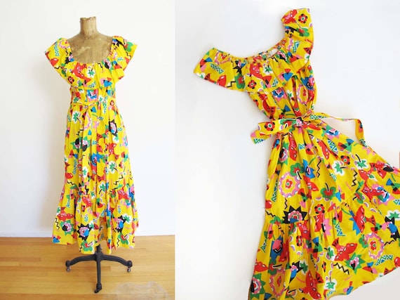 Vintage 80s Off Shoulder Maxi Dress M - Bright Yel